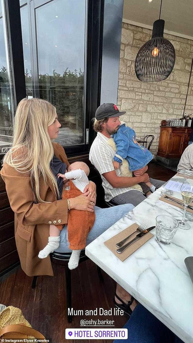 Die ehemaligen Block-Stars Elyse Knowles und Josh Barker genossen an diesem Wochenende ein Abendessen mit ihrem neugeborenen Zaii und Sohn Sunny im Hotel Sorrento in Victoria.  Alles abgebildet