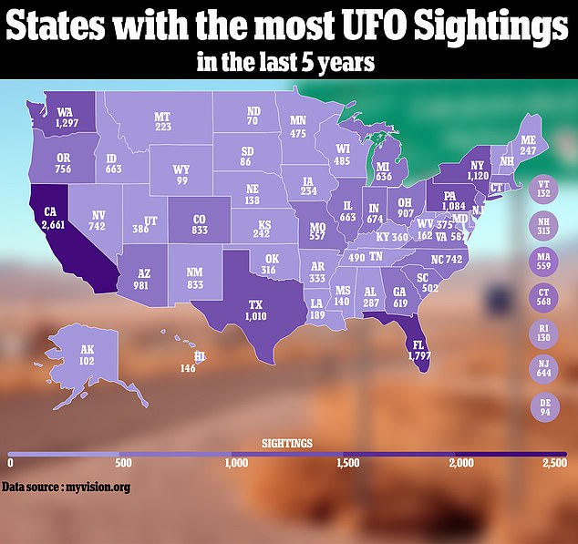 Diese im Februar 2023 erstellte Karte zeigt die Anzahl der UFO-Sichtungen in jedem US-Bundesstaat