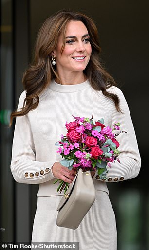 Kate's stunning bouquet of flowers contained deep pink roses, matched with fuchsia colours and eucalyptus leaves