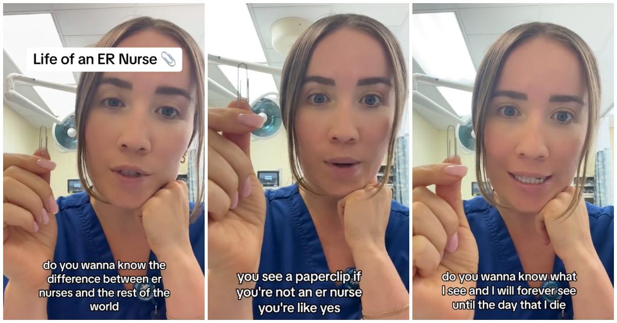 Eine Krankenschwester nutzt eine Büroklammer als Beispiel dafür, wie sich Krankenschwestern von anderen Menschen unterscheiden