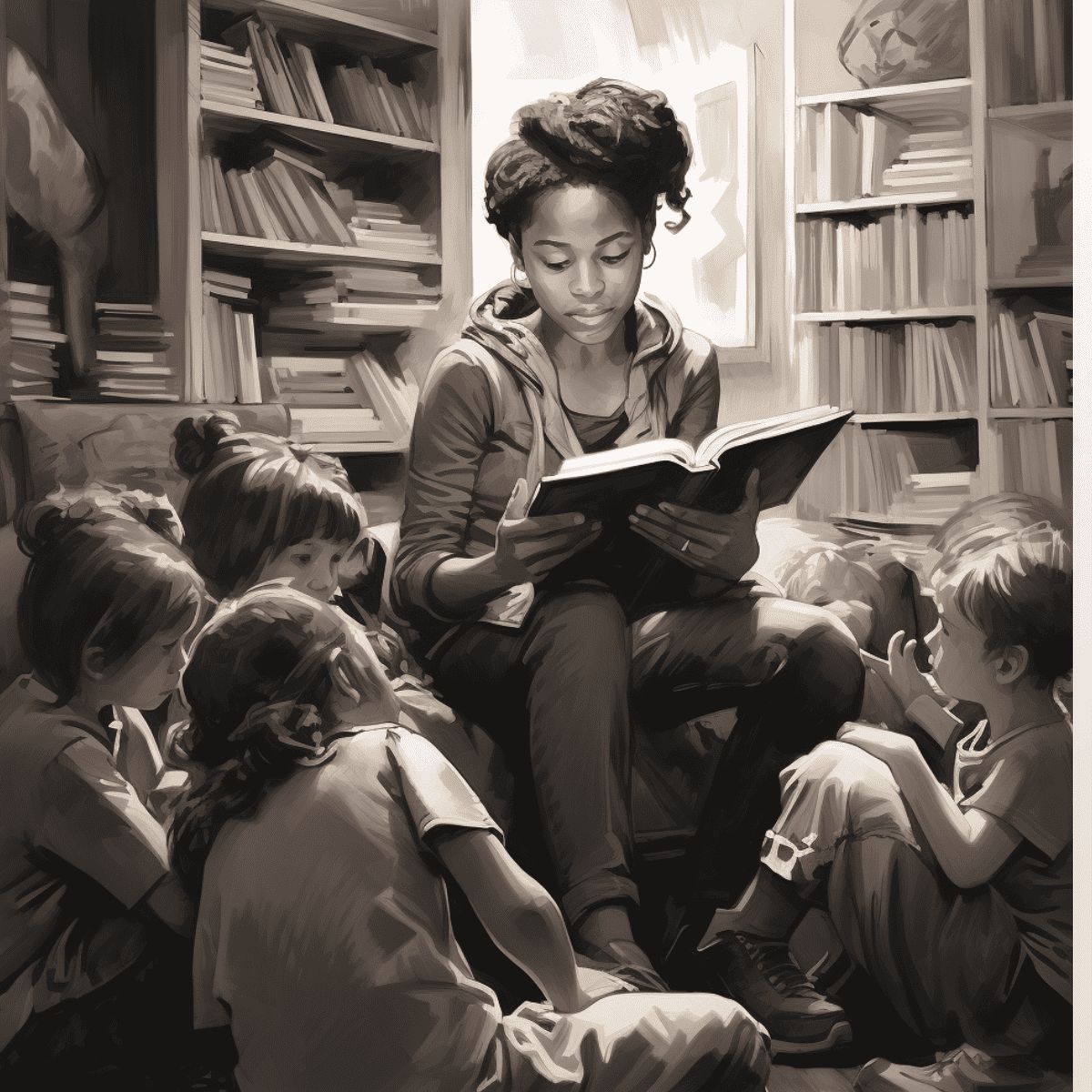 Skizze einer Frau, die Kindern ein Buch vorliest, Neptun im 5. Haus