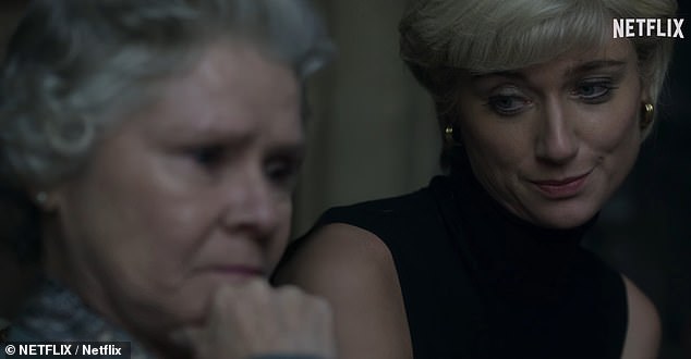 Ein neuer Trailer zur sechsten und letzten Staffel der Netflix-Serie „The Crown“ wurde veröffentlicht.  Im Bild spricht Dianas „Geist“ mit Imelda Stauntons Königin