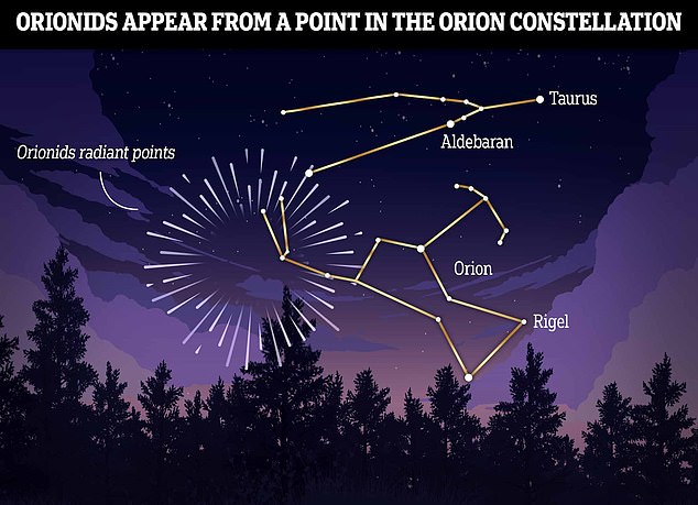 Der Radiant der Orioniden (der Punkt am Himmel, von dem die Meteore zu kommen scheinen) liegt im Sternbild Orion, daher der Name „Orioniden“.