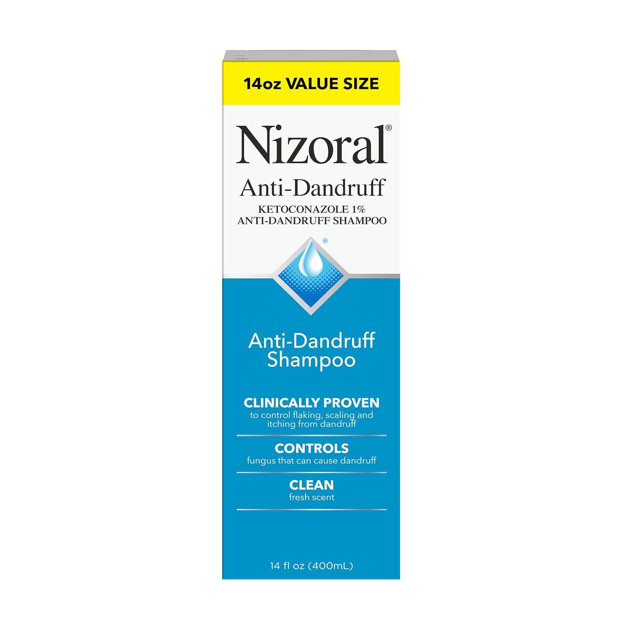 Nizoral AD Anti-Schuppen-Shampoo, blaue und weiße Box auf weißem Hintergrund