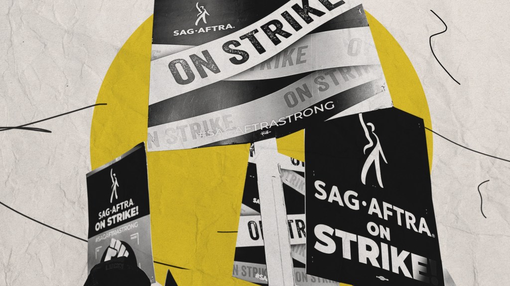 Gruppe von SAG-AFTRA ON STRIKE Streikpostenschildern