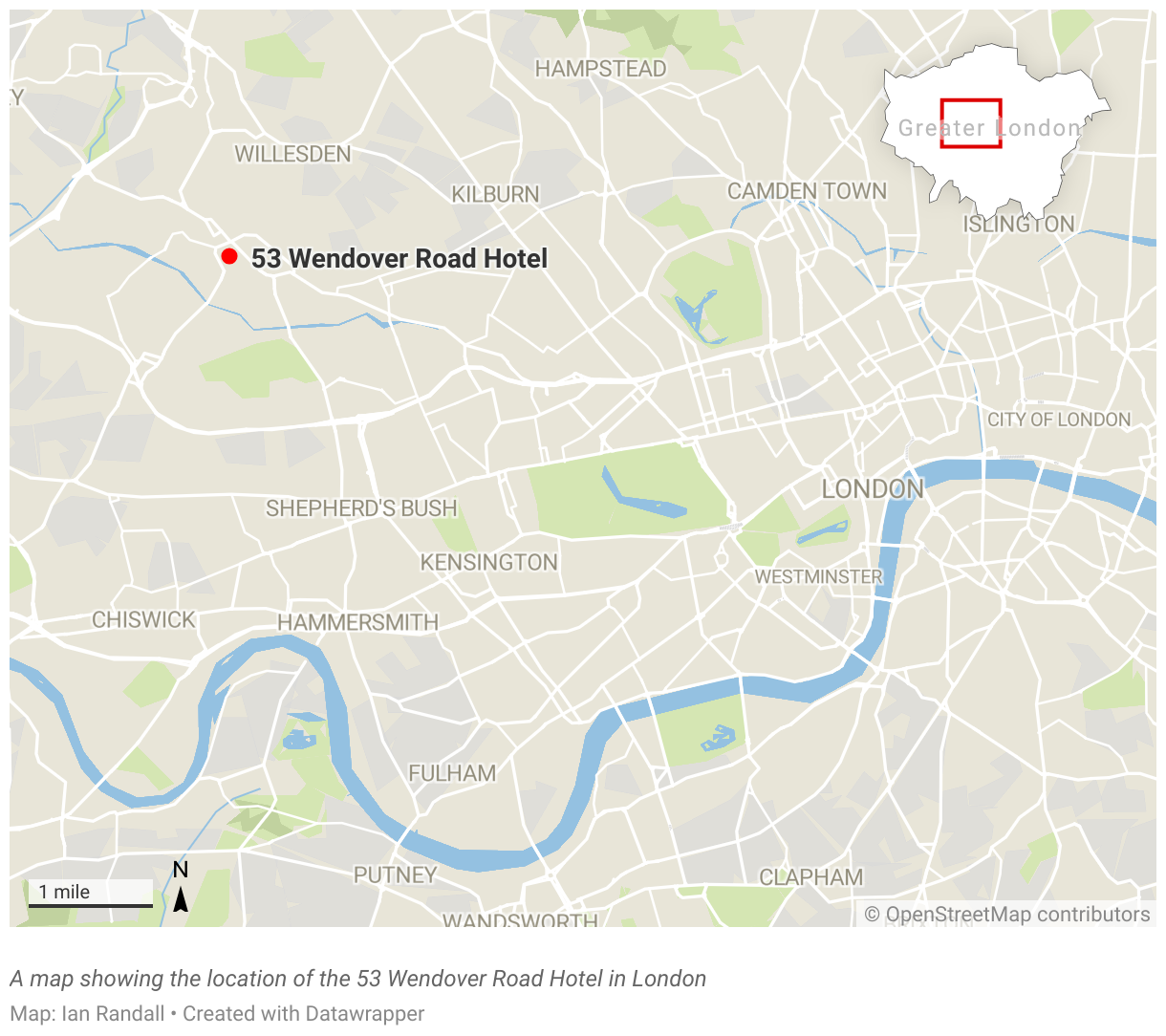 Eine Karte, die den Standort des 53 Wendover Road Hotels in London zeigt