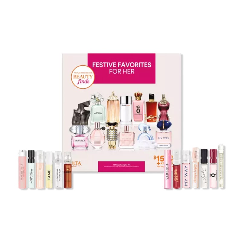Ulta Beauty Festive Favourites For Her Sampler Kit: Eine Geschenkbox mit 13 Parfümsprays in Reisegröße auf weißem Hintergrund