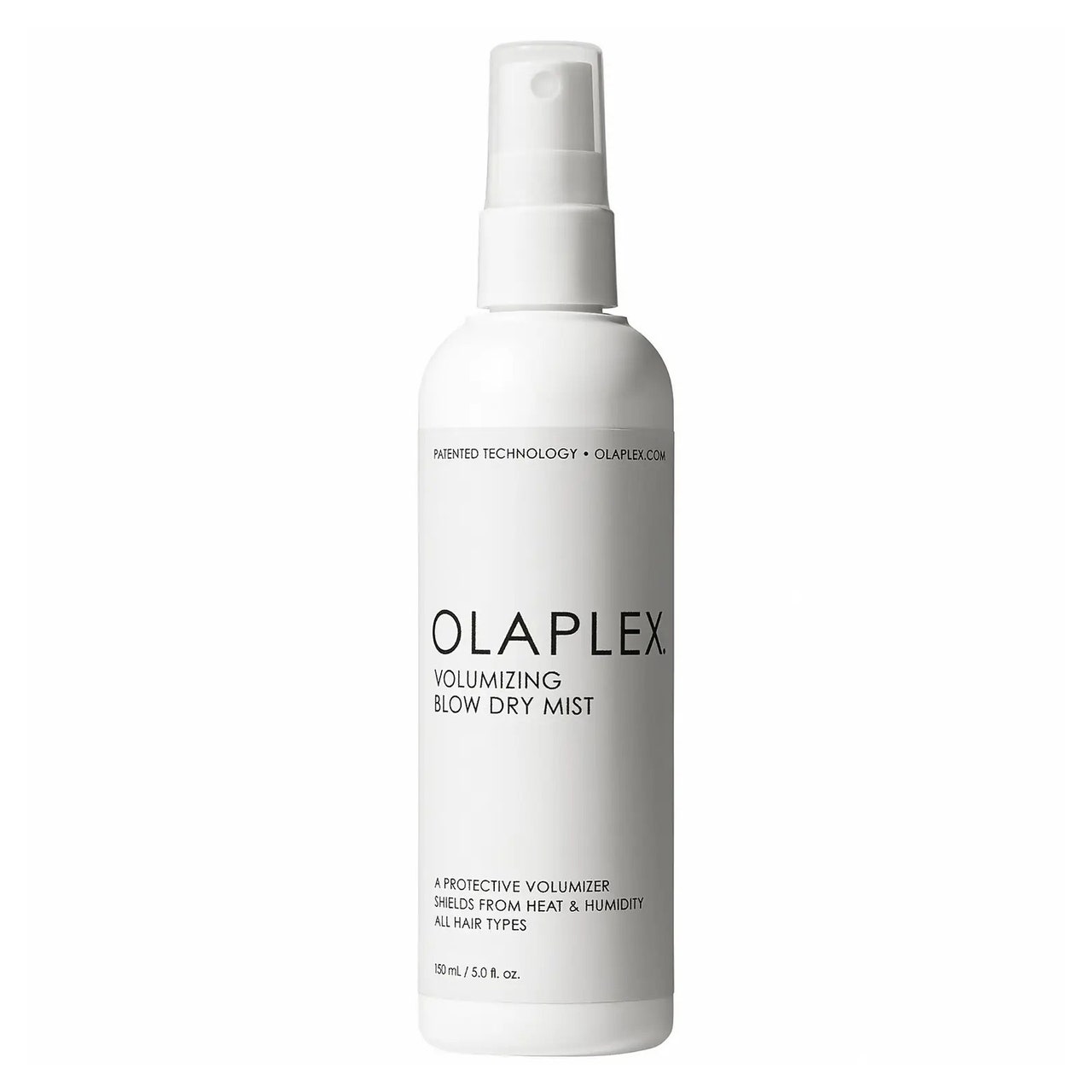 Olaplex Volumizing Blow Dry Mist weiße Sprühflasche auf weißem Hintergrund