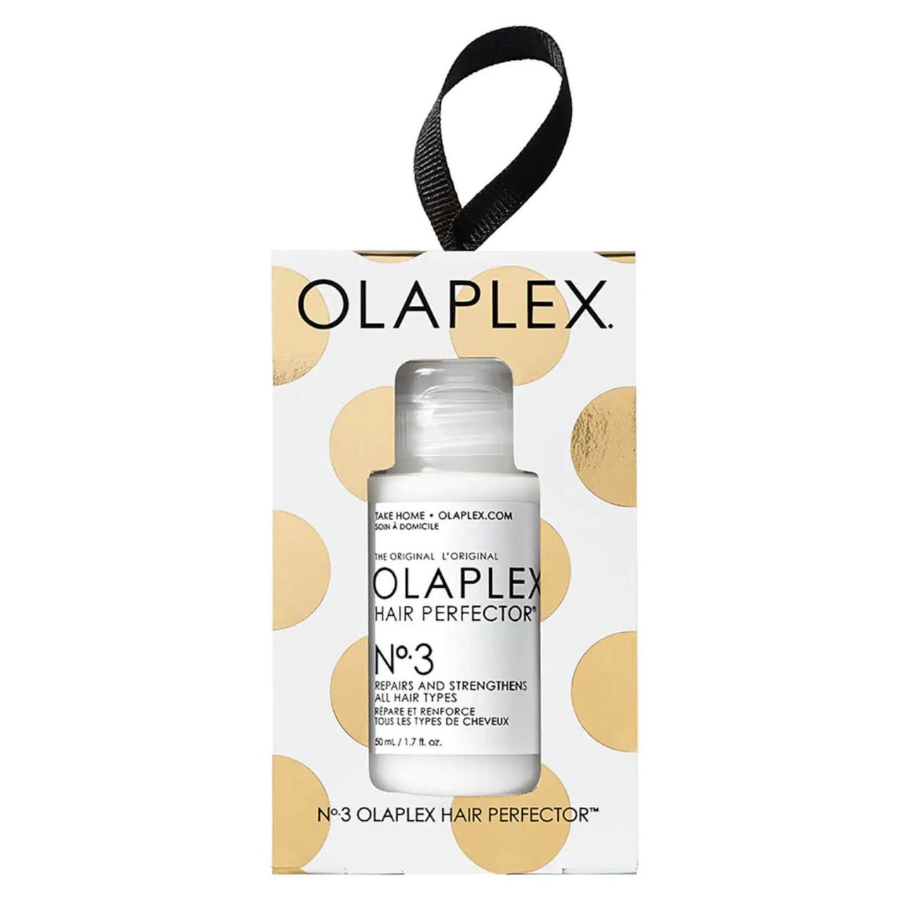 Olaplex No.3 Holiday Ornament Hair Perfector in gold-weiß gepunkteter Box auf weißem Hintergrund