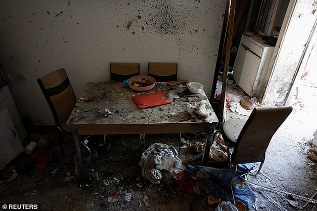 View of a dining table at a destroyed home, following the deadly Oct. 7 attack by Hamas gunmen from the Gaza Strip, in Kibbutz Kissufim, southern Israel on Wednesday