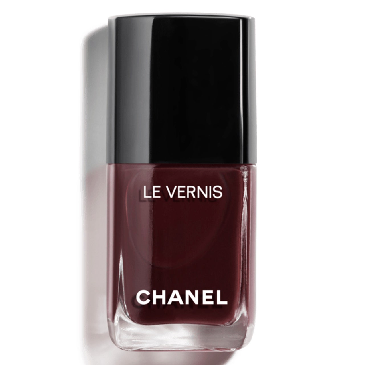 Chanel Le Vernis Longwear Nagellack in Rouge Noir, Flasche Black Cherry Nagellack mit schwarzer Kappe auf weißem Hintergrund