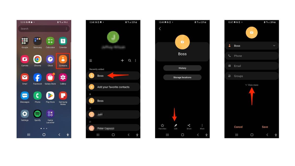 Screenshot der Aktualisierung eines Kontakts in Android