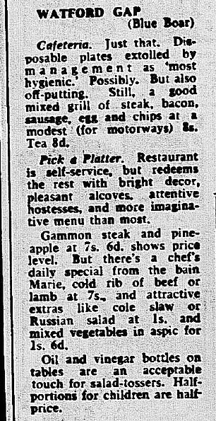 Eine Rezension der Dienste von Watford Gap in der Daily Mail im Jahr 1968