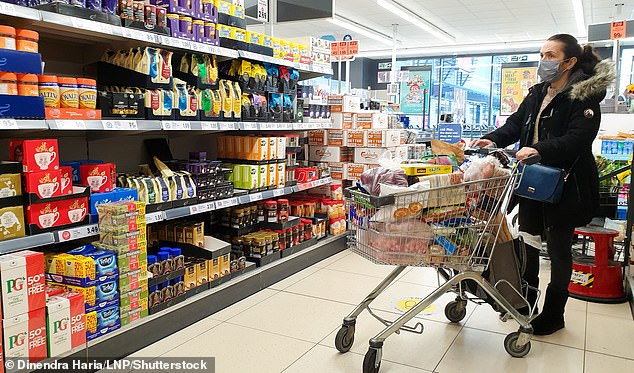 Ein Käufer füllt im Januar 2021 seinen Einkaufswagen in einem Lidl-Supermarkt im Norden Londons