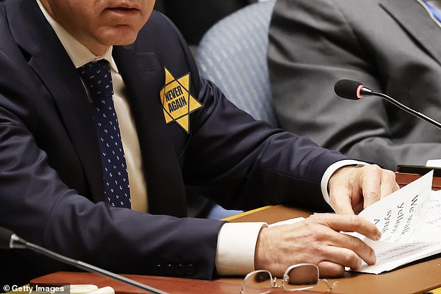 Erdan says he won’t take his Star of David off until the UN Security Council condemns the ‘atrocities of Hamas’. It looks like he could be wearing it for quite some time