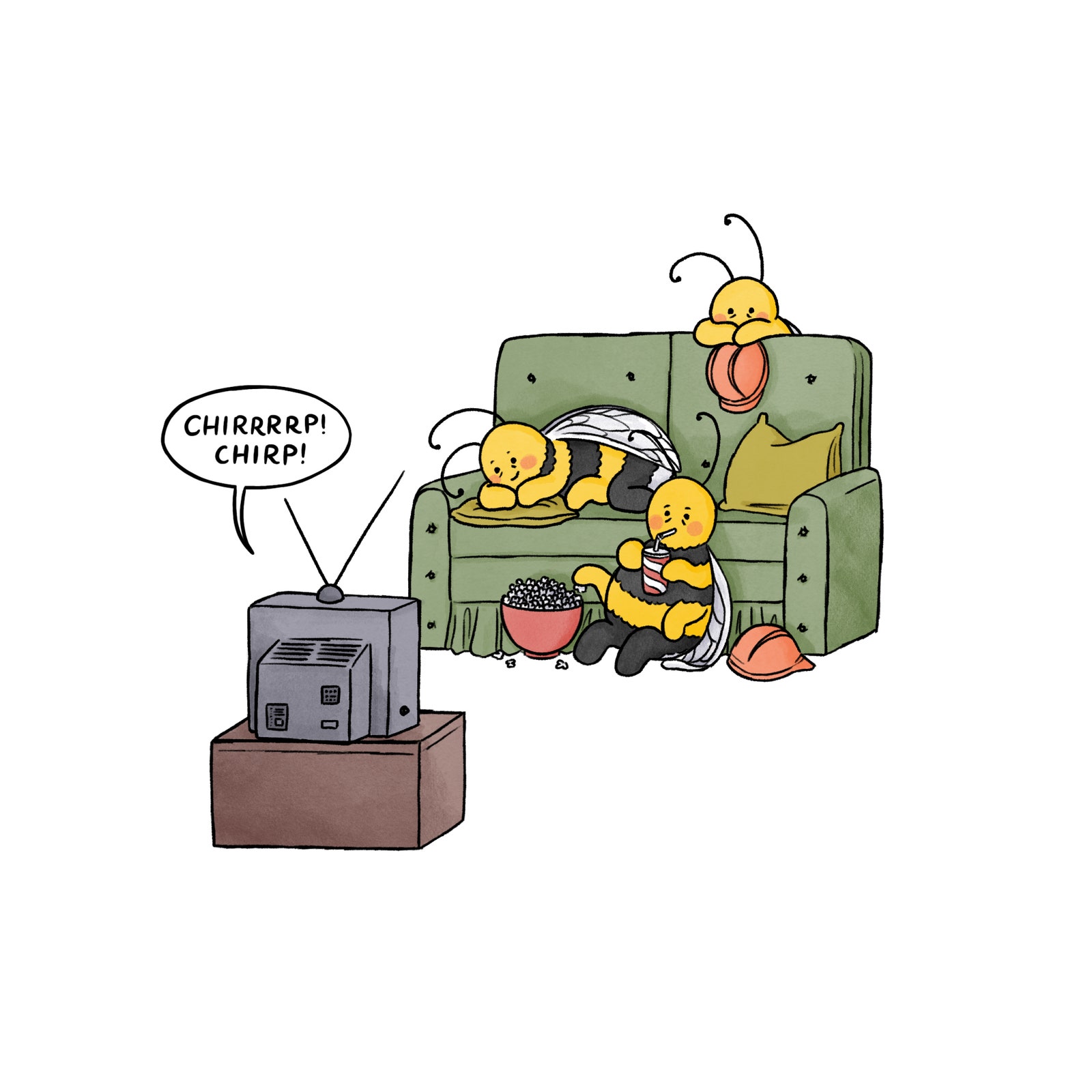 Drei Bienen schauen fern und faulenzen auf der Couch.