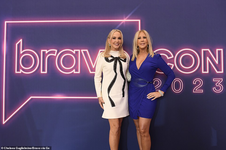 Fashionista: Real Housewives of Orange County star Shannon Beador looked stylish in a white mini dress with a black bow motif