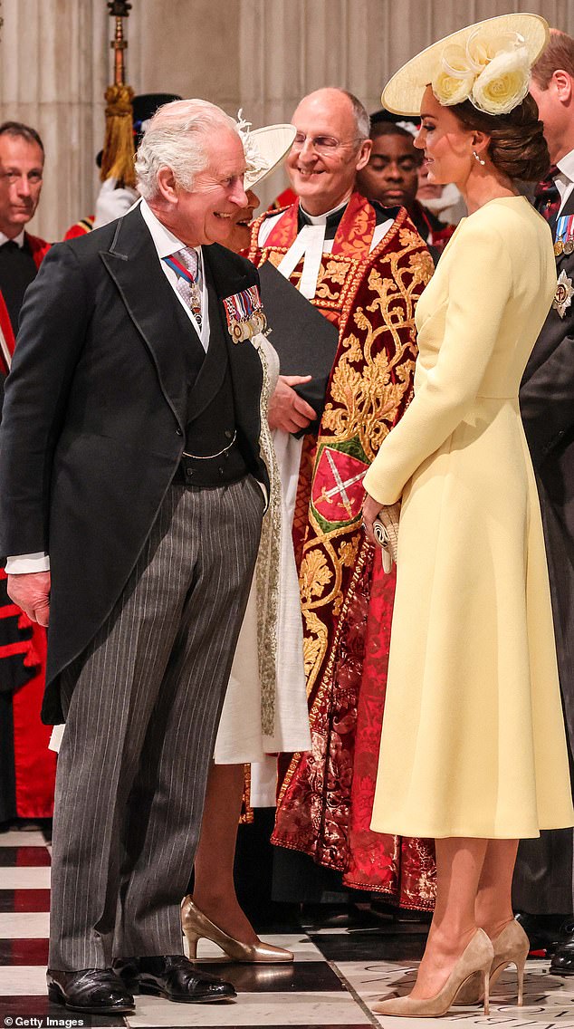 Images showing the closeness, such as this photo from the service of thanksgiving for the Queen at St Paul's cathedral on June 2022 make it clear why Charles has several times said that the family is 'lucky' to have Kate