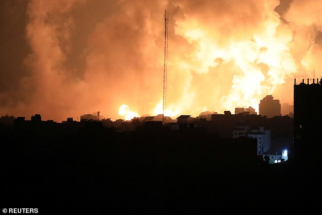 Smoke and flames rise during Israeli strikes, amid the ongoing conflict between Israel and Palestinian Islamist group Hamas, in Gaza City November 5, 2023