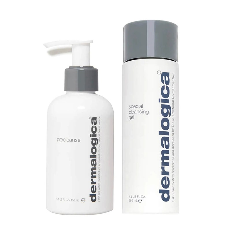 Dermalogica Cleansing Duo: Zwei weiße Flaschen mit grauen Verschlüssen und passendem Text auf weißem Hintergrund