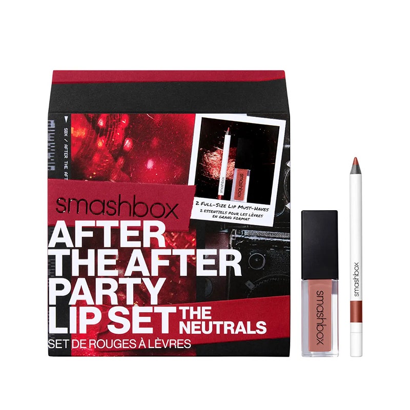 Smashbox After The After Party Neutral Lip Set: Eine Tube mit klarem, flüssigem Lippenstift, gefüllt mit einer Formel in einem hellen Nude-Farbton, dazu ein passender Lippenstift und eine mehrfarbige Geschenkbox auf weißem Hintergrund