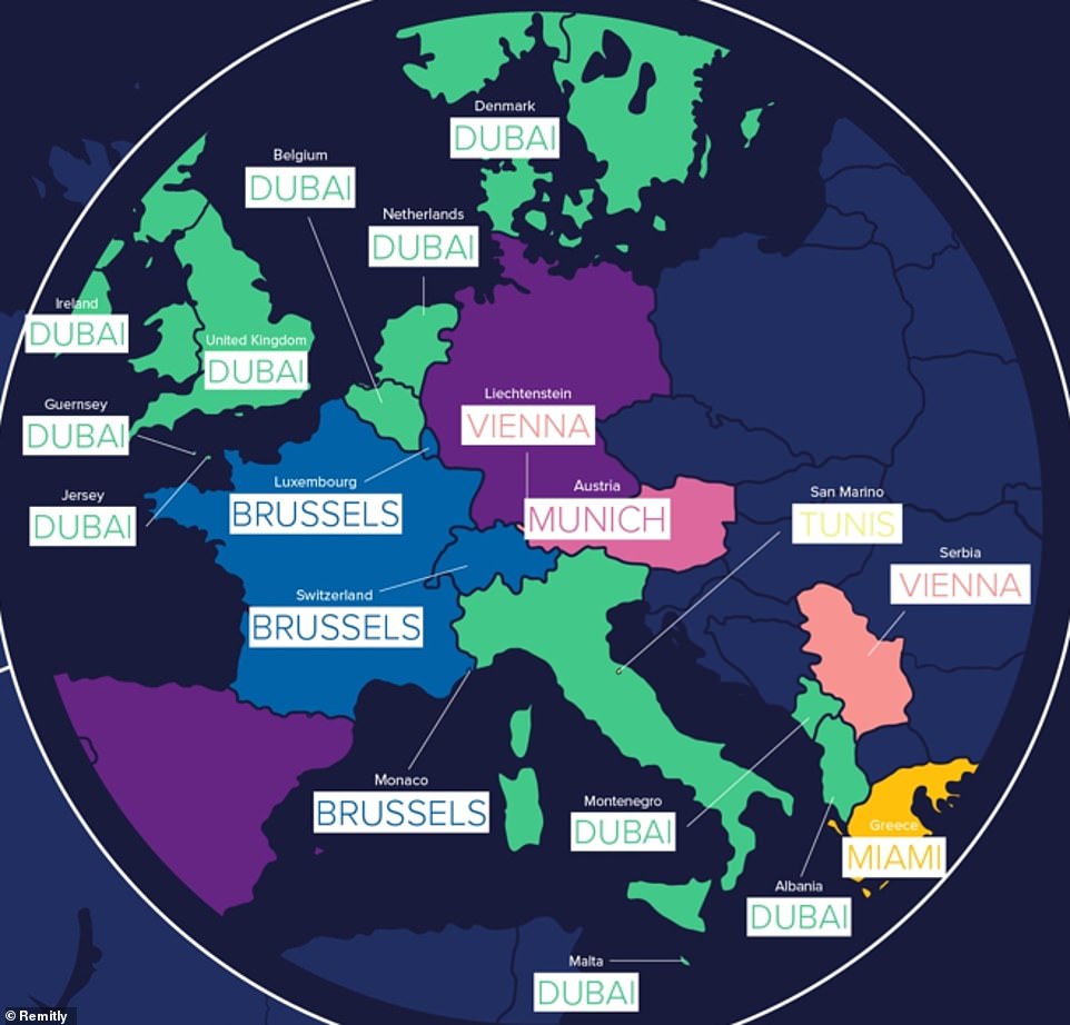 Die Karte wurde von Remitly erstellt, das fast 164 Länder untersuchte und das Suchvolumen für die Phrase „Umzug in“ analysierte [city]' und wurde damit zum meistgesuchten Umzugsziel in jedem Land im vergangenen Jahr.  Abgebildet ist der europäische Ausschnitt der Karte