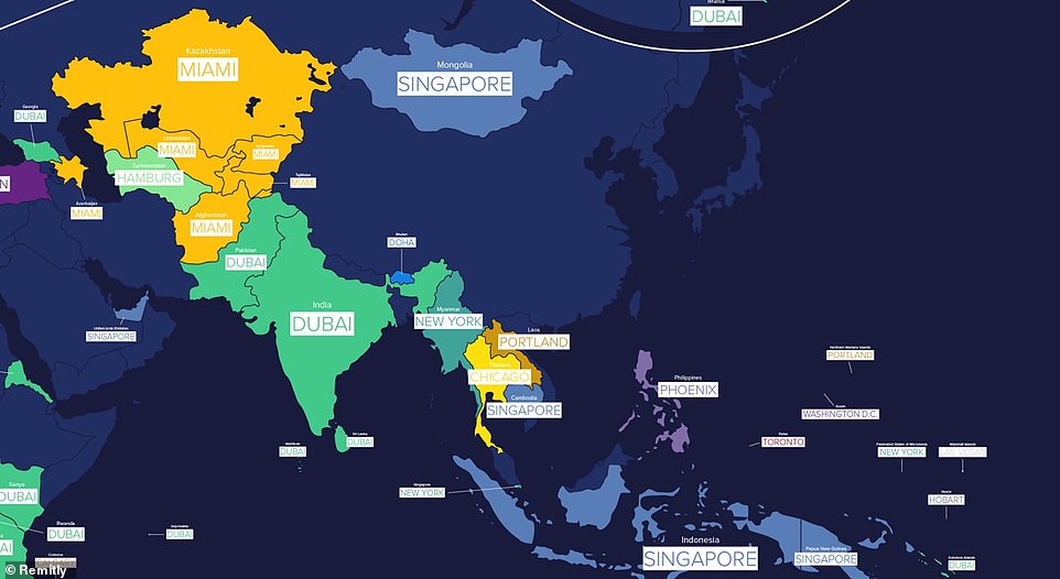 Oben ist der Abschnitt Asien und Naher Osten der Karte zu sehen.  Weltweit ist Miami das zweitbeliebteste Umzugsziel insgesamt und belegt in zwölf Ländern den ersten Platz, darunter Afghanistan und Aserbaidschan