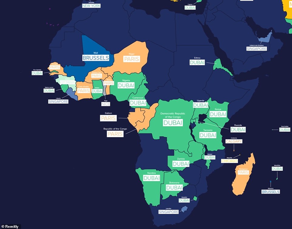 In Afrika liegt Dubai in Ländern wie Nigeria, Namibia und Sambia an erster Stelle, während die kanadische Stadt Ottawa bei den Einwohnern Guineas an erster Stelle steht