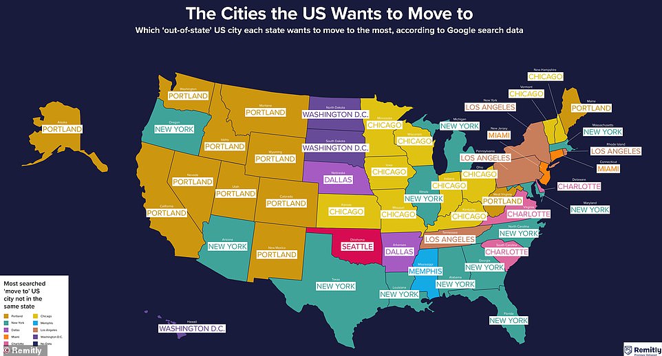 Diese Karte zeigt die US-Städte, in die Amerikaner über einen Umzug nachdenken – die Menschen in New York haben Los Angeles im Visier, während die Bewohner Oklahomas über einen Umzug nach Seattle nachdenken