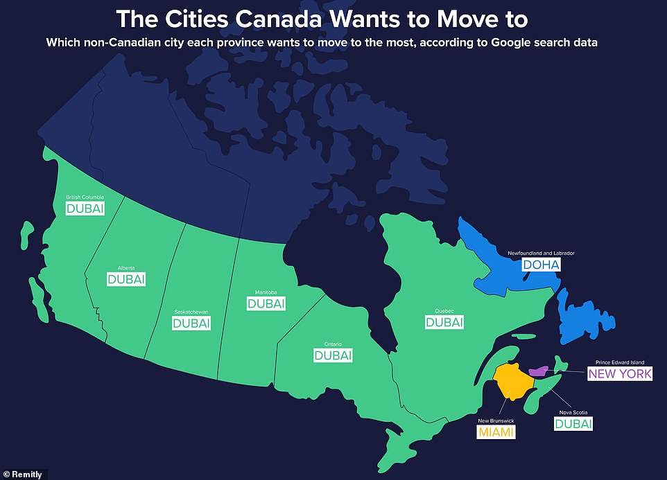 Diese Karte zeigt, dass Dubai unter anderem für Einheimische in Quebec, Ontario und British Columbia die beliebteste Überseestadt für einen Umzug ist