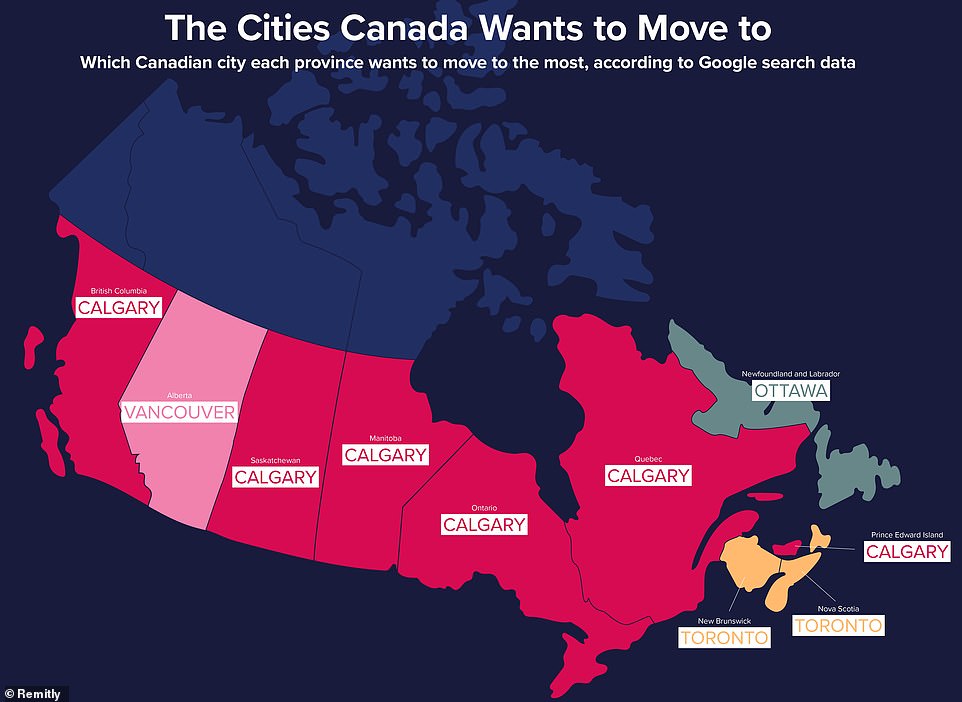 Diese Karte, die sich um beliebte kanadische Städte dreht, in die Kanadier ziehen, zeigt, wie Britisch-Kolumbianer über einen Umzug nach Calgary nachdenken, während Nova Scotianer über einen Umzug nach Toronto nachdenken
