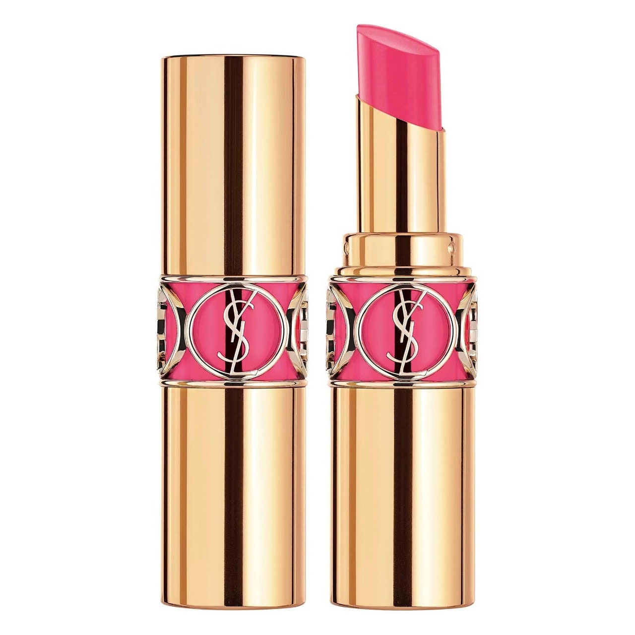 YSL Beauty Rouge Volupté Shine Lippenstiftbalsam in einer atemberaubenden roségoldenen Tube mit leuchtend rosa Lippenstiftbalsam auf weißem Hintergrund
