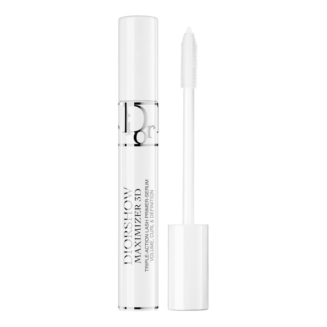 Dior Diorshow Maximizer 3D Lash Primer Serum, weiße Tube Wimpernprimer-Serum mit Kappe und Stift an der Seite auf weißem Hintergrund