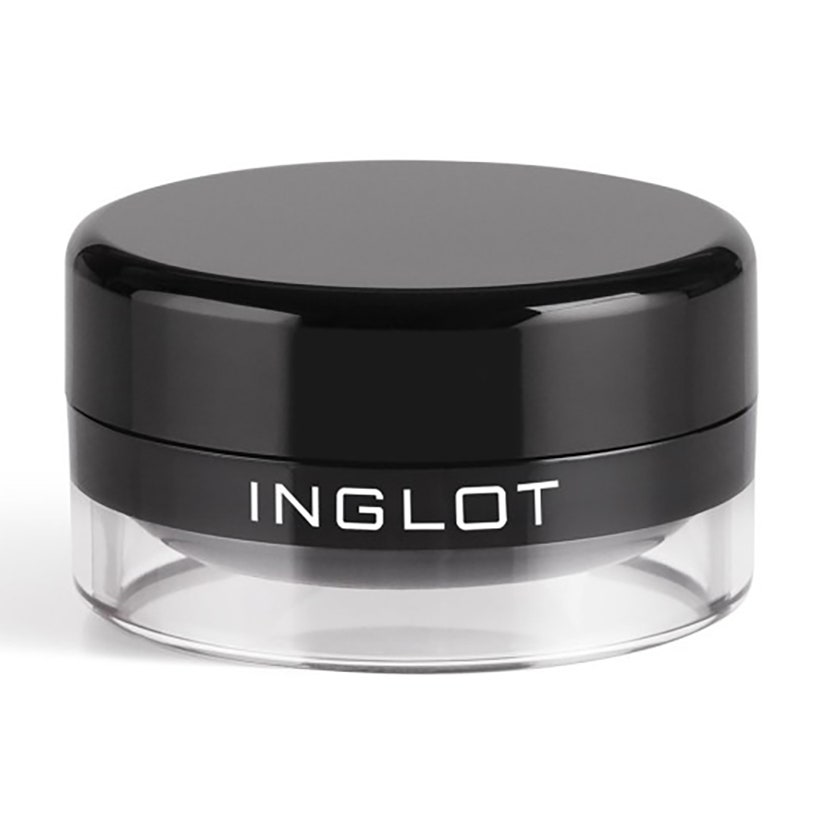 Inglot AMC Eyeliner Gel 77 transparentes Glas mit schwarzem flüssigem Eyeliner mit schwarzem Deckel auf weißem Hintergrund