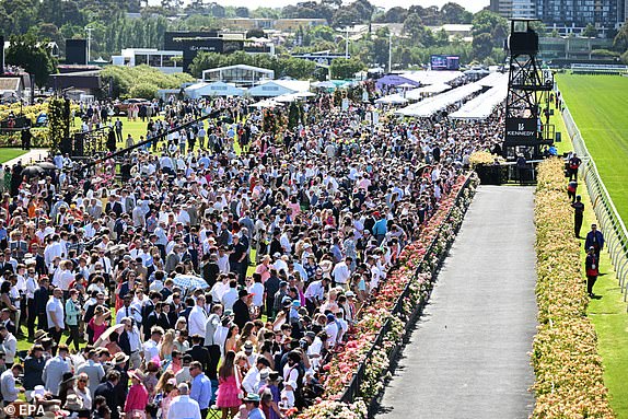 epa10961468 A general view of the public lawn ahead of race 1, the  Darley Maribyrnong Plate  during Melbourne Cup Day at Flemington Racecourse in Melbourne, Australia, 07 November 2023.  EPA/JAMES ROSS AUSTRALIA AND NEW ZEALAND OUT