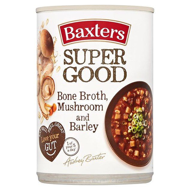 BAXTERS SUPER GUTE KNOCHENBRÜHE, PILZ- UND GERSTENSUPPE: „Knochenbrühe ist eine Kollagenquelle (für Haut und Gelenke), macht aber nur 0,5 Prozent dieser Suppe aus.“