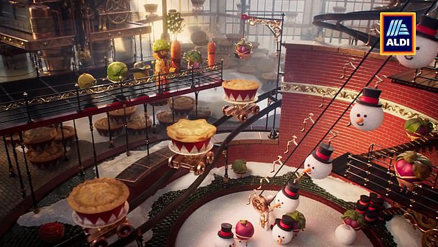 The factory tour moves on to the mince pie conveyor belt, where snowman heads are squashed by giant mechanical hands and turn into icing sugar to top the treats