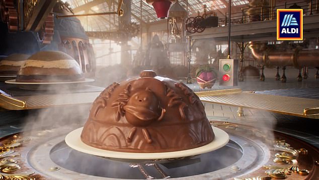 Kiwi steht aufgeregt neben den Puddings, bevor sie auf einen springt, um die geschmolzene Schokolade aufzufangen, die aus dem Wasserhahn kommt.  Anschließend wird der Kuchen jedoch in einen Kühler getaucht und die Kiwi wird im Kuchen fest