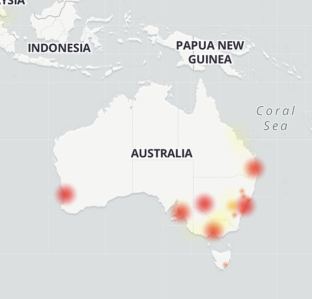Auf dem Bild ist zu sehen, wo Optus-Benutzer den Netzwerkausfall gemeldet haben