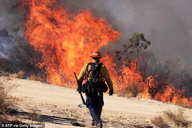 Der Oktober 2023 war 0,72 °F (0,4 °C) heißer als der zuvor erwärmte Oktober 2019. Im Bild: Ein Feuerwehrmann geht auf die Flammen zu, während das Highland Fire in Aguana, Kalifornien, brennt