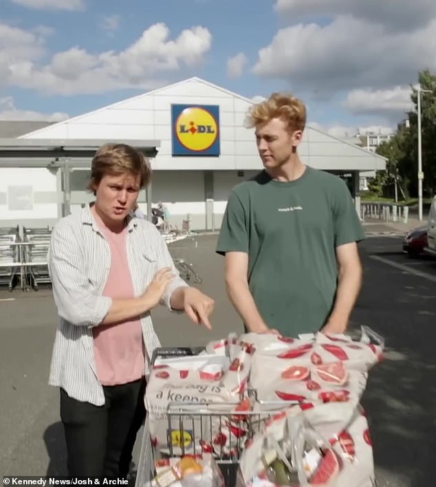 The 30-year-olds splashed out £164.47 in Lidl's Clapham Junction store in south west London. The pair are pictured above outside Lidl in Clapham