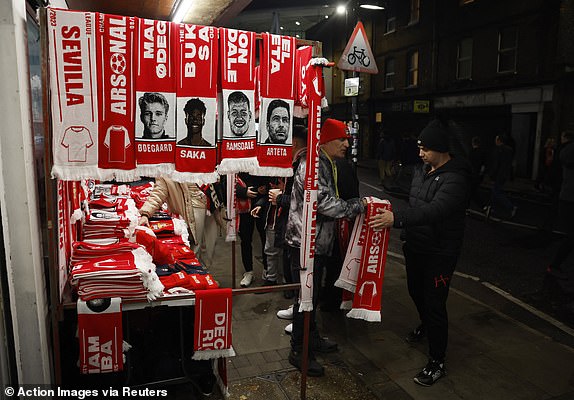 Soccer Football - Champions League - Group B - Arsenal v Sevilla - Emirates Stadium, London, Britain - November 8, 2023 General view of merchandise for sale outside the stadium before the match Action Images via Reuters/Peter Cziborra