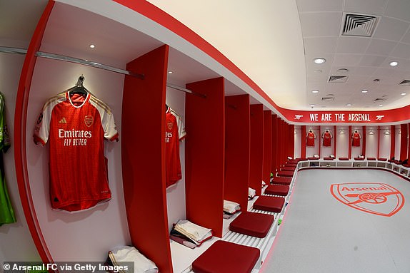 LONDON, ENGLAND - NOVEMBER 08: A general view inside the Arsenal dressing room prior to the UEFA Champions League match between Arsenal FC and Sevilla FC at Emirates Stadium on November 08, 2023 in London, England. (Photo by Stuart MacFarlane/Arsenal FC via Getty Images)