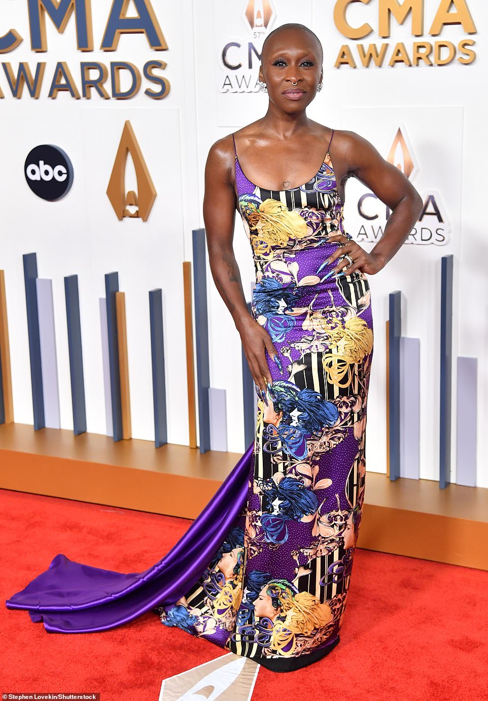 Making a statement: Cynthia Erivo wore a purple patterned dress with a coordinating train