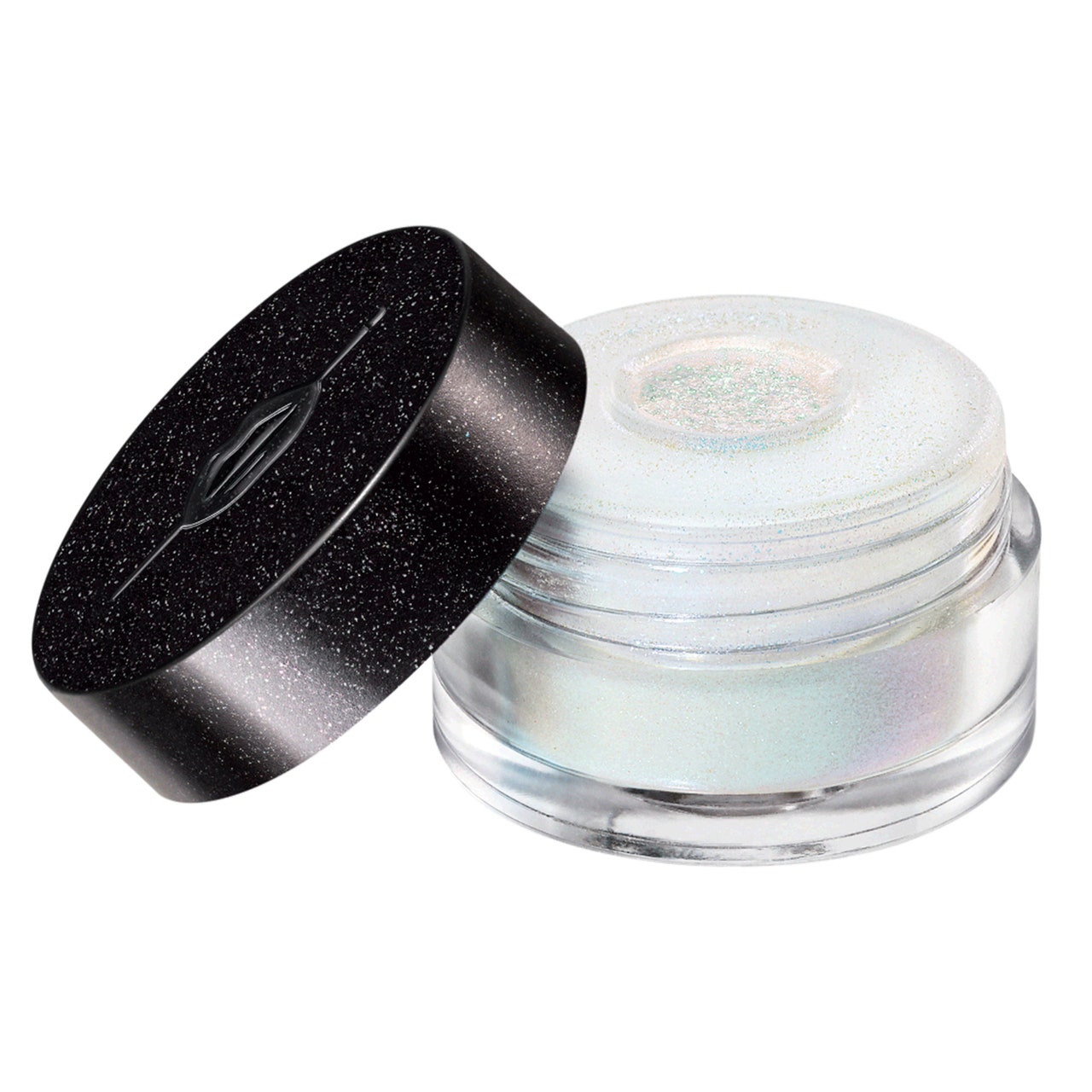 Make Up For Ever Star Lit Diamond Powder Glas mit blau-weißem holografischem Pulver mit angelehntem schwarzen Deckel auf weißem Hintergrund