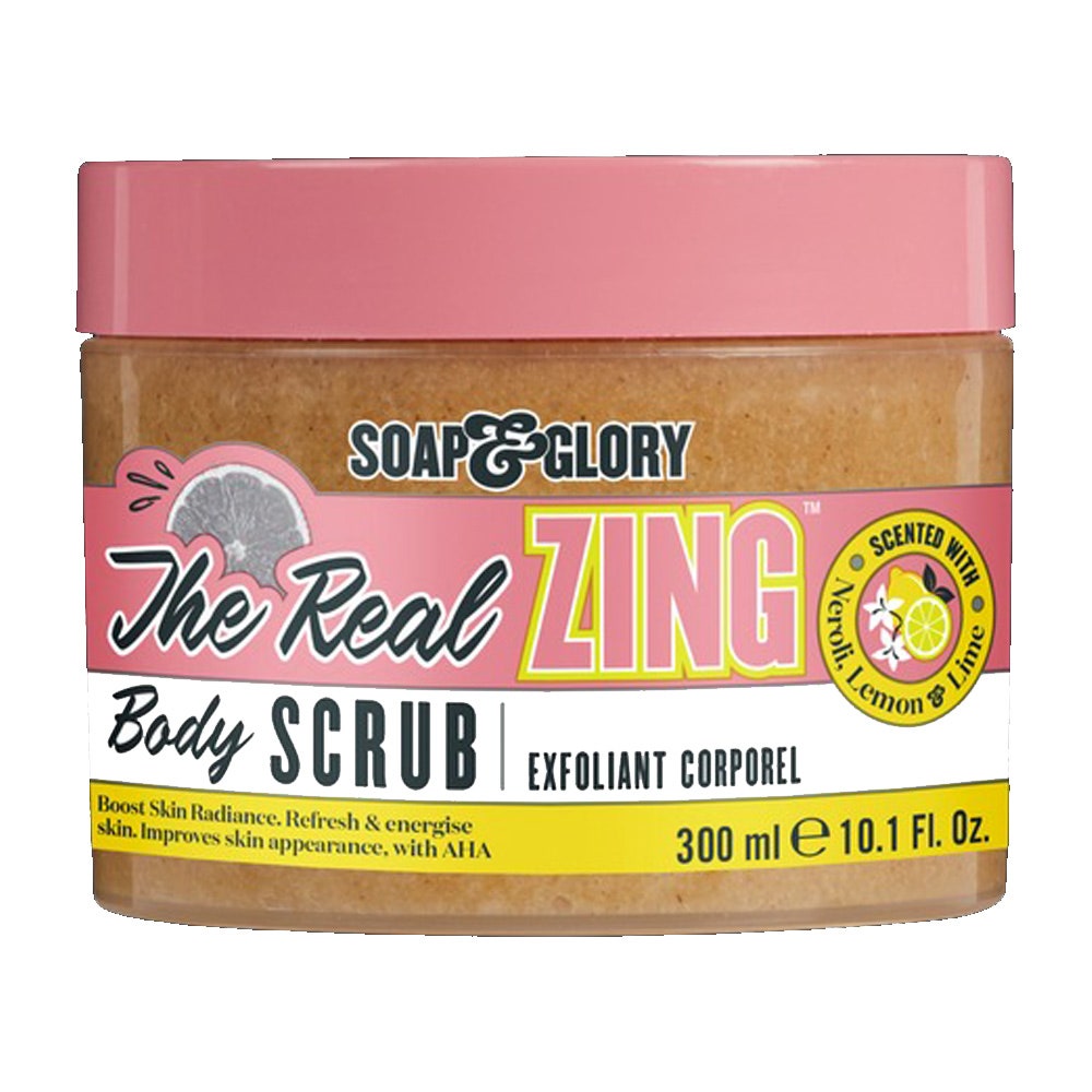 Soap & Glory The Real Zing Body Scrub im Glas mit rosa Deckel auf weißem Hintergrund