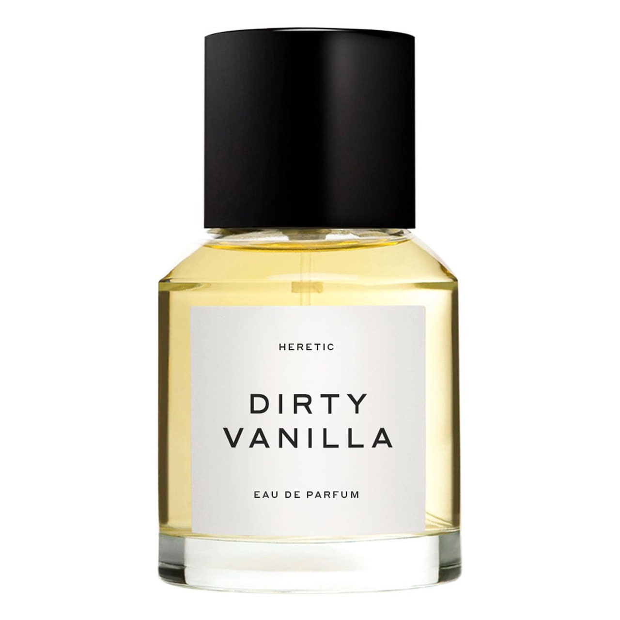 Heretic Dirty Vanilla Eau de Parfum mit weißem Etikett und schwarzer Kappe auf weißem Hintergrund