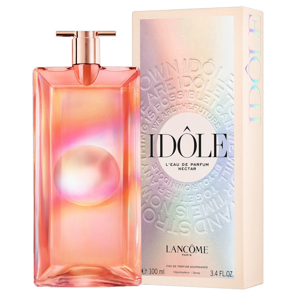 Lancôme Idôle Nectar Eau de Parfum rosa Glasflasche und rosa Box auf weißem Hintergrund