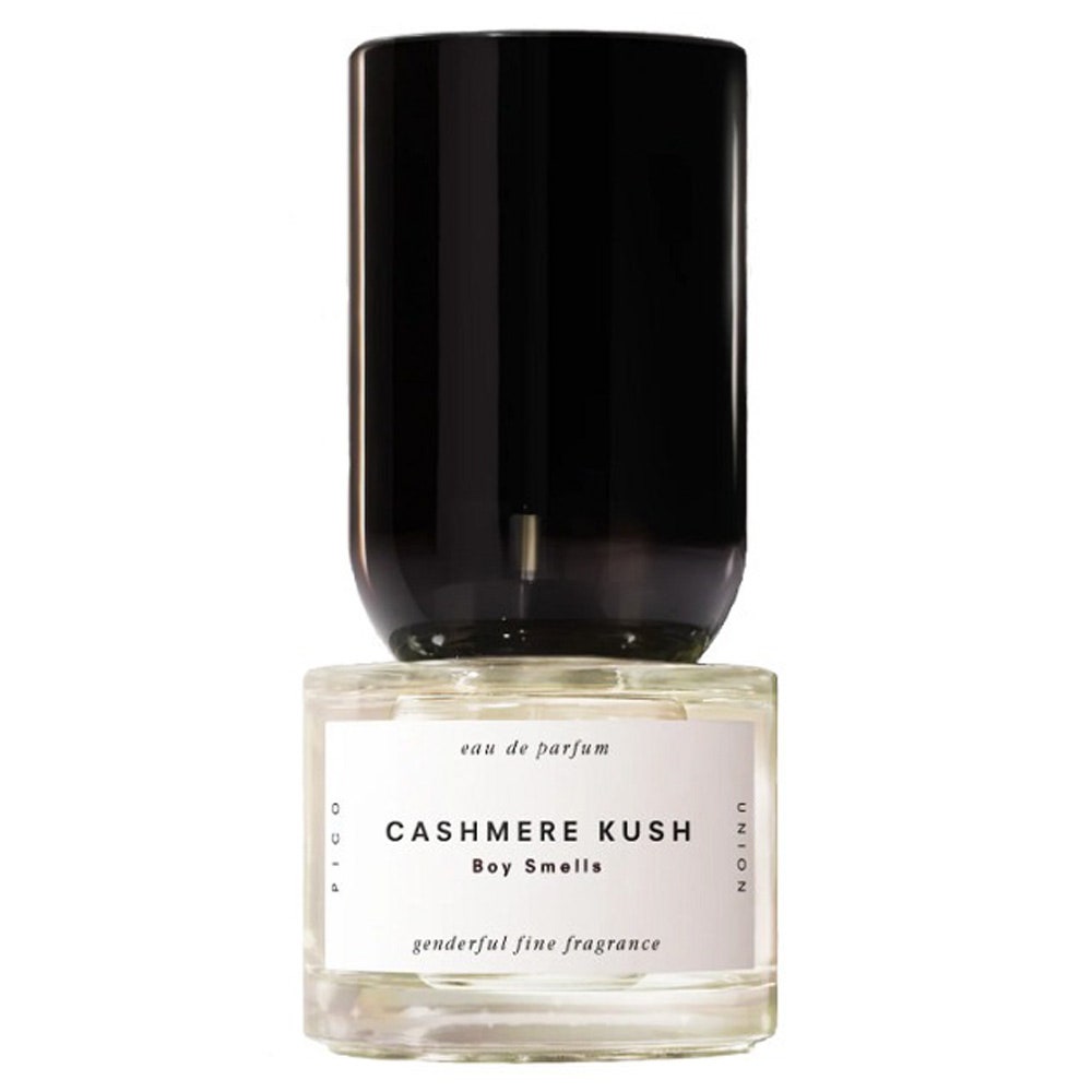 Boy Smells Cashmere Kush Parfüm-Glasflasche mit hoher schwarzer Kappe auf weißem Hintergrund