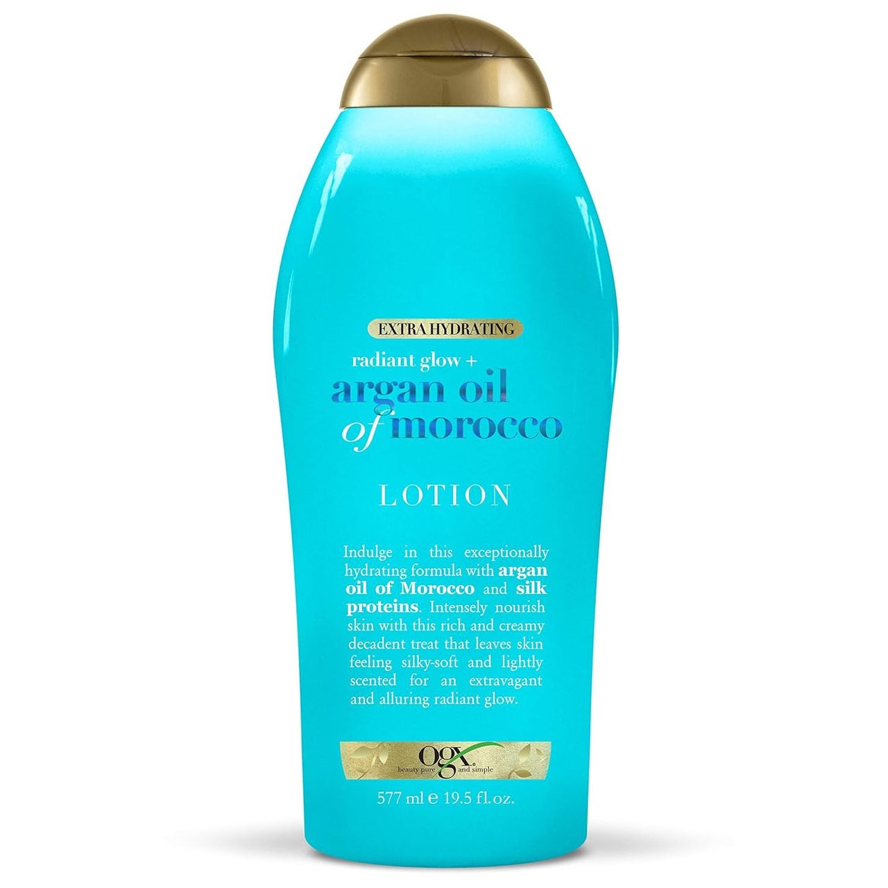 OGX Radiant Glow Body Lotion blaue Flasche mit goldenem Verschluss auf weißem Hintergrund